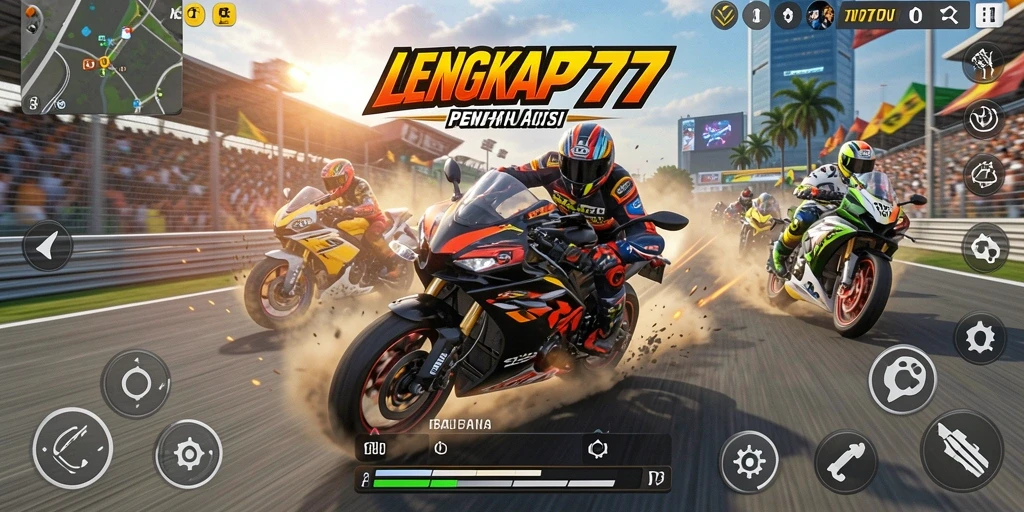 Tangkapan layar gameplay LENGKAP777 menampilkan aksi balapan motor yang mendebarkan.