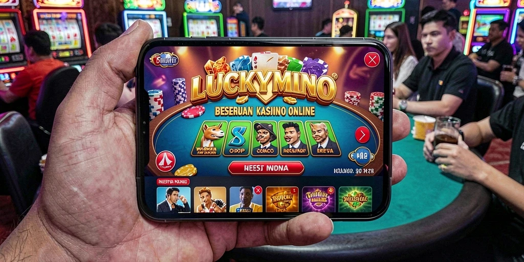 Tampilan utama LUCKYMINO menampilkan gameplay Kasino yang penuh warna dan menggembirakan.