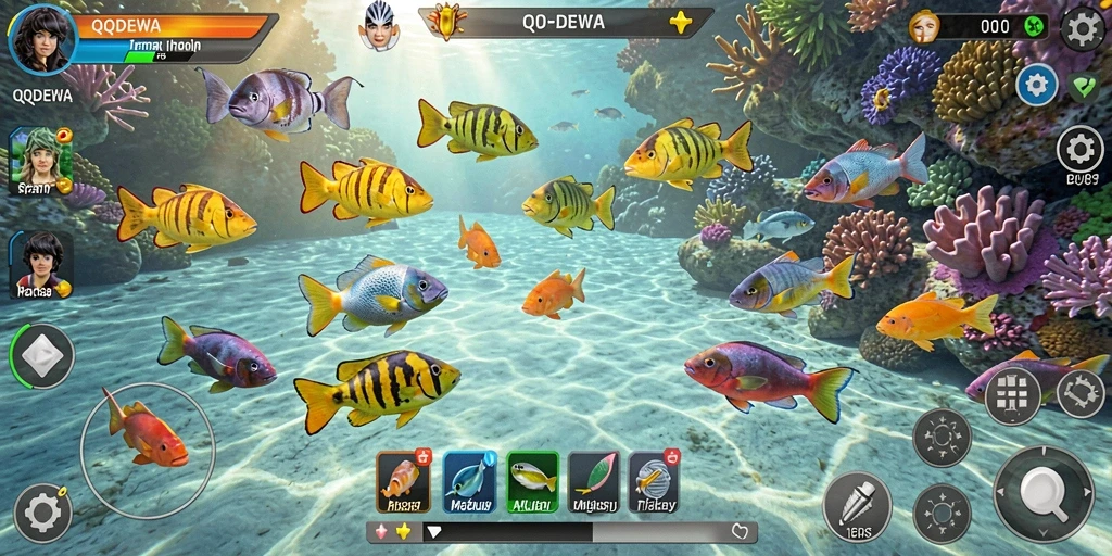 Tampilan gameplay QQDEWA dengan aksi menembak ikan yang seru.