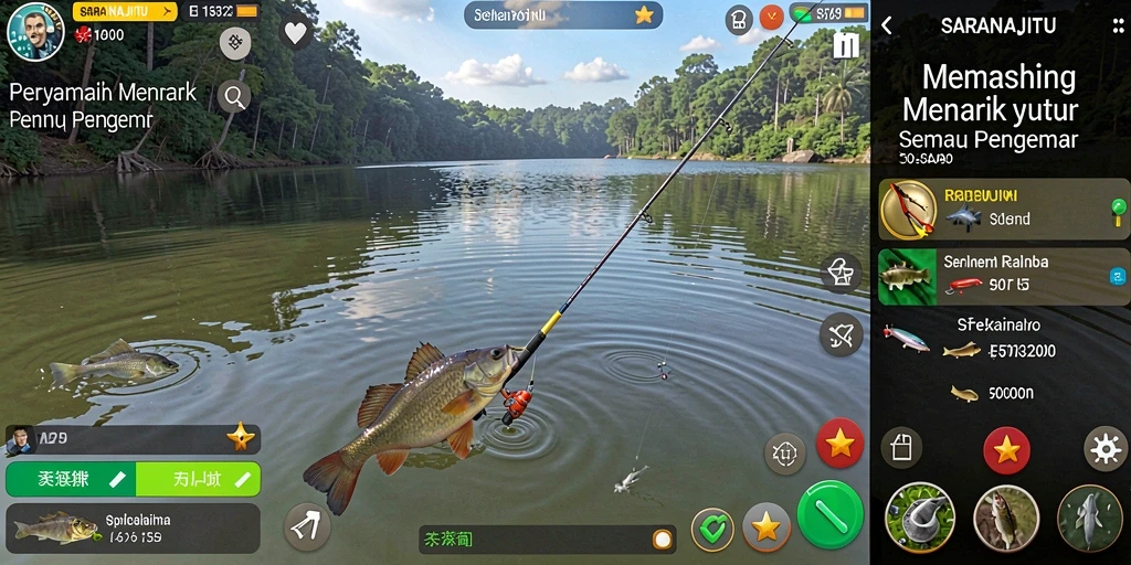 Screenshot gameplay SARANAJITU menunjukkan keindahan lokasi memancing yang menawan.