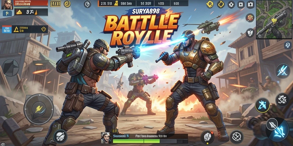 Screenshot utama SURYA898 menampilkan aksi intens di medan perang Battle Royale.