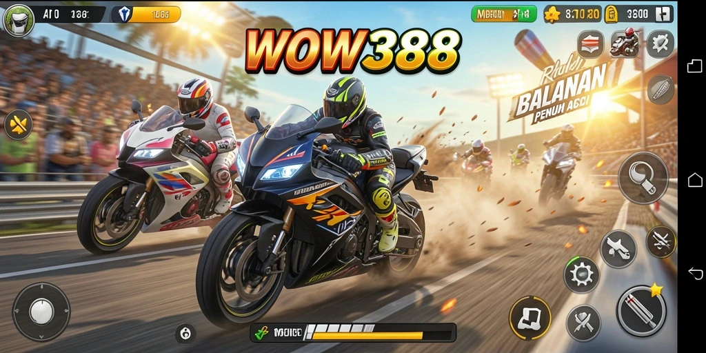Screenshot WOW388 menampilkan aksi balapan motor yang mendebarkan dan mendetail.